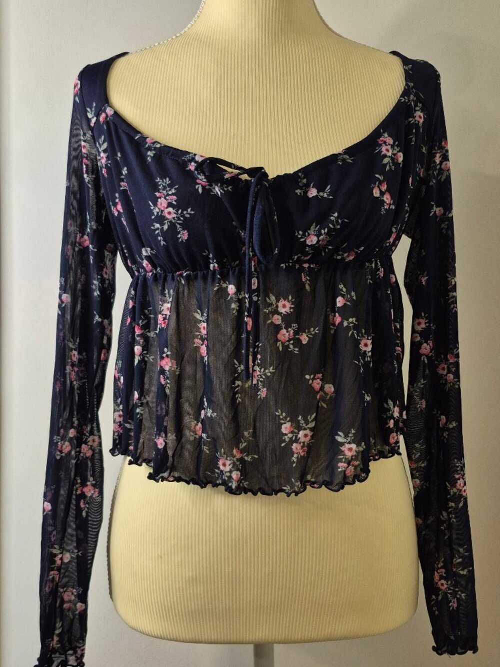 Sheer Mesh Floral Long Sleeve Crop Top Navy Blue Coquette Cottagecore Fairy Y2K